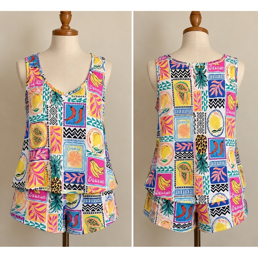 Joyspun Pajama Set Womens 2X Multicolor Excellent Tropical Fruit Print 2pc